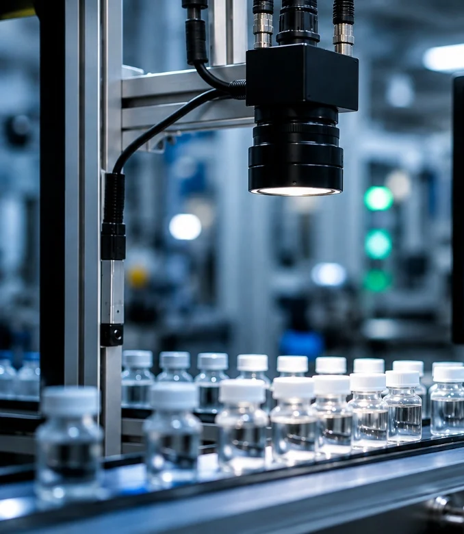 Detail van de visioncamera boven de productielijn tijdens een kwaliteitsinspectie
