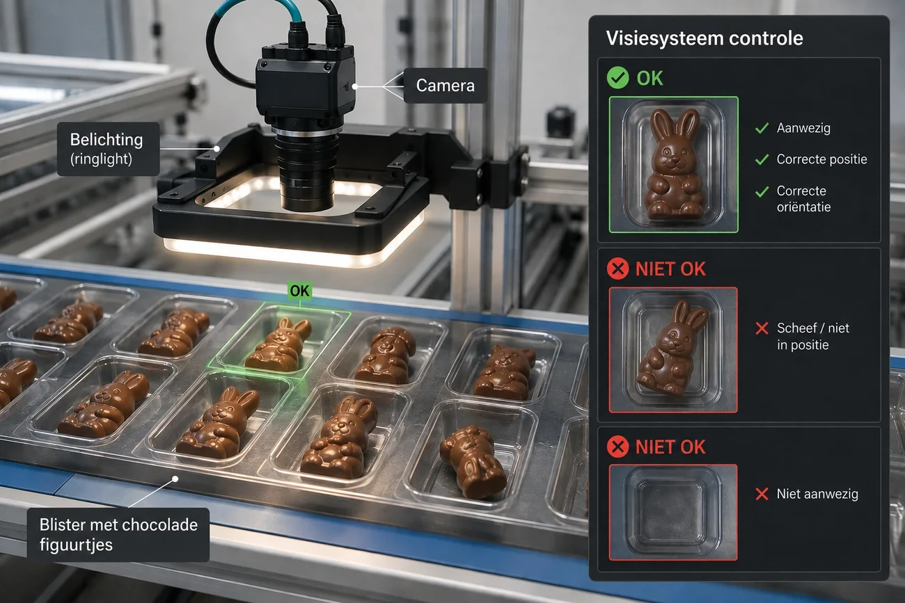 Visiesysteem controleert chocoladefiguurtjes in blisters: aanwezig, correcte positie en oriëntatie zijn OK; scheef of ontbrekend is niet OK