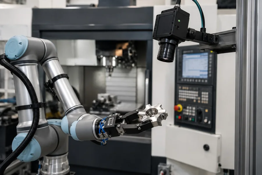 Cobot houdt een bewerkt onderdeel voor de visioncamera aan een CNC-machine