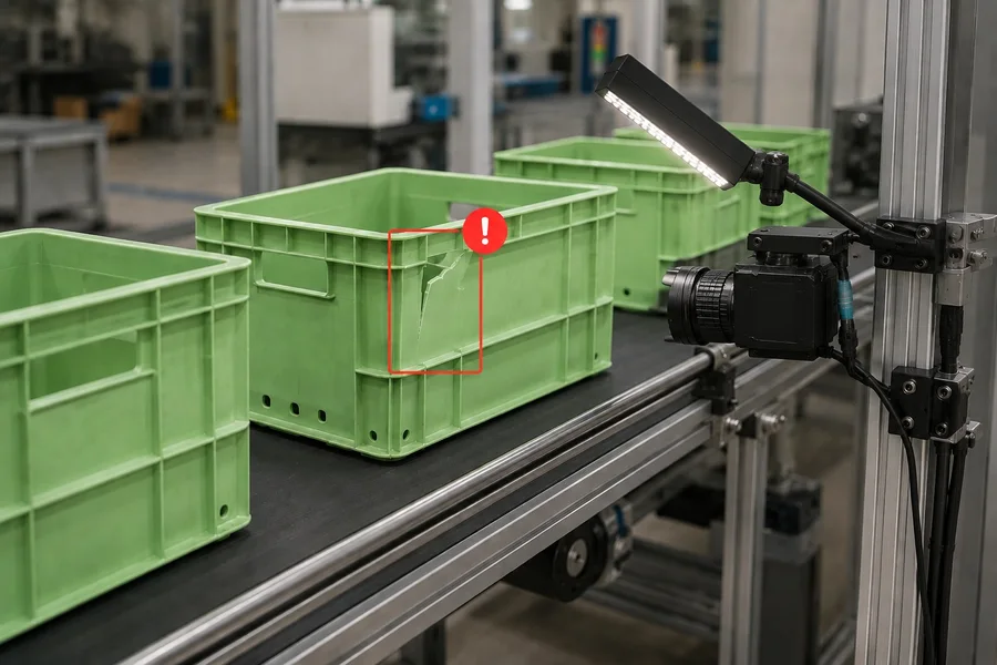 Visioncamera markeert een beschadigde krat op de transportband
