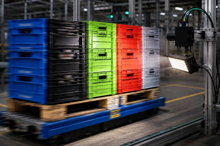 Camera met verlichting registreert een volgeladen pallet met kratten in het magazijn