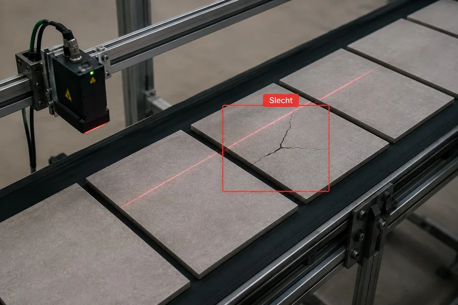 Laserlijn-scanner detecteert een scheur in een plaat op de band en keurt ze af