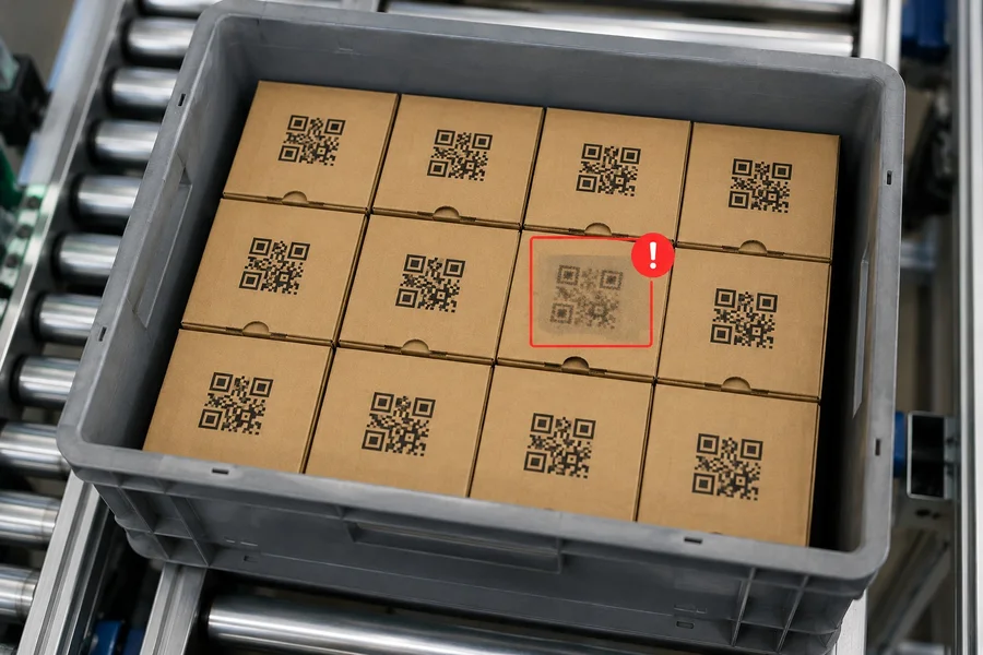 Krat met dozen waarvan één onleesbare QR-code rood gemarkeerd wordt